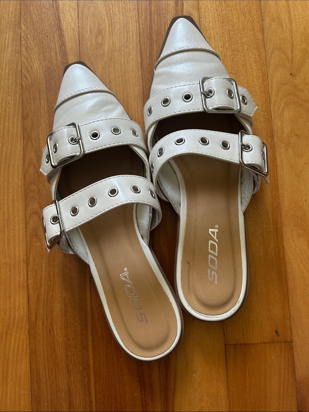 Soda White Pointed Buckle Slide Mules